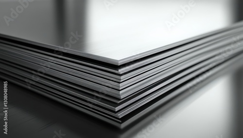 A Close-Up View of Neatly Stacked Metallic Sheets on a Smooth Surface with a Soft Focus Background Highlighting Industrial Texture and Materials