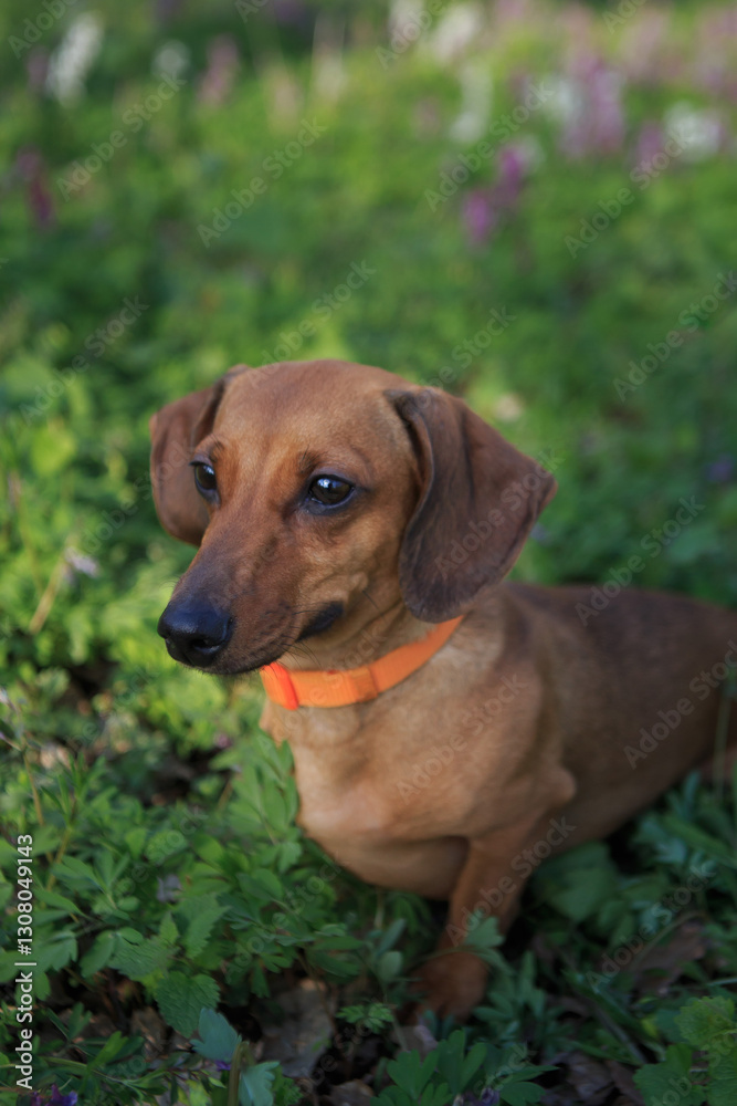 The dachshund walks on the lawn. Green grass and flowers on the background. Walking a dog on a leash The dachshund walks on the lawn. Green grass and flowers on the background. Walking a dog on a leash