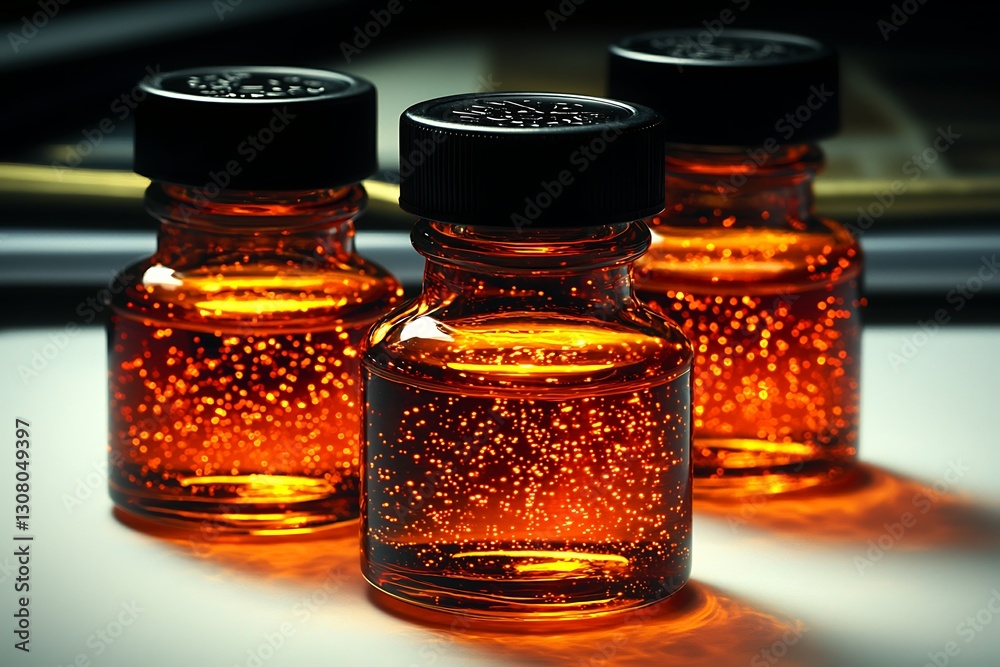 Amber vials, liquid, lab, closeup Amber vials, liquid, lab, closeup