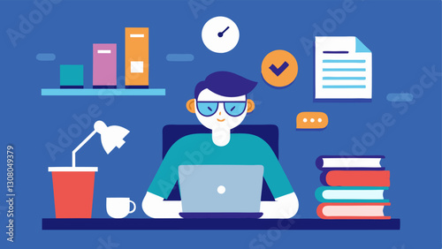 Research Time A character sitting at a desk surrounded by books and online articles about trends and product features illustrating the research phase of copywriting.