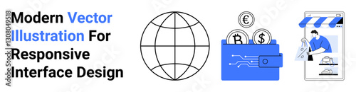 Globe representing connectivity, digital wallet with coins, and e-commerce store on mobile screen. Ideal for technology, finance, e-commerce, globalization, mobile apps, digital payments flat