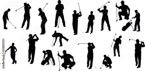 A set of golfer sports people playing golf in various poses