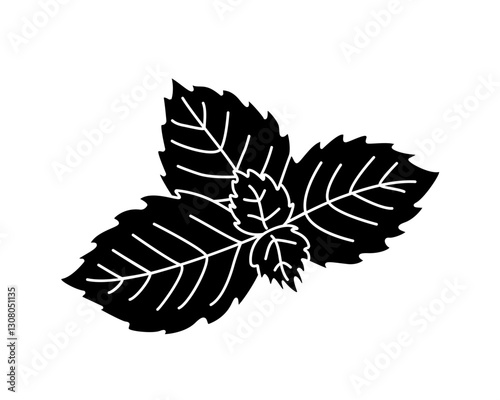 Mint leaves - black vector silhouette for pictogram or logo. Peppermint sprig - sign or icon. A plant for decorating food and drinks is greenery.	