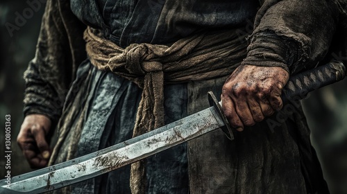 A person holds a sword ready to defend themself photo