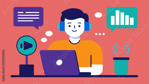 Podcast Promotion A professional managing social media posts promoting upcoming podcast episodes that contain sponsored segments with a laptop open showing social media analytics