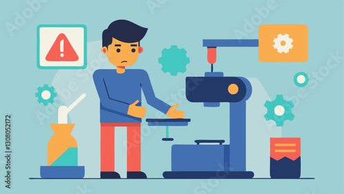 Problem Solving A technician troubleshooting a 3D printer error message with tools and spare parts nearby showcasing technical expertise.