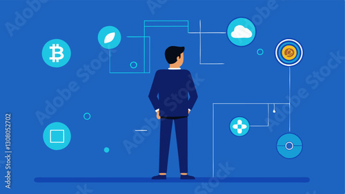 Regulatory Frameworks An auditor standing in front of a large blueprint of regulatory frameworks with icons of various cryptocurrencies planning compliance strategies.