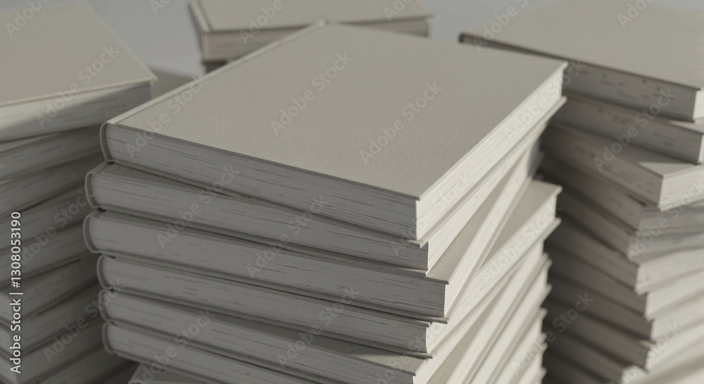 Stacked blank books on a white surface, book stack mockup Stacked blank books on a white surface, book stack mockup