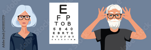 Elderly Couple Having their Vision Checked Vector Cartoon illustration. Senior man and woman getting their vision checked in their golden years
