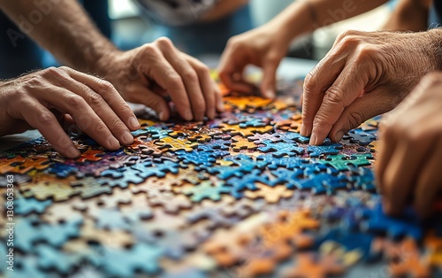 People of diverse backgrounds working on a colorful jigsaw puzzle, teamwork and collaboration effort, fun, creative environment, successful group project in progress