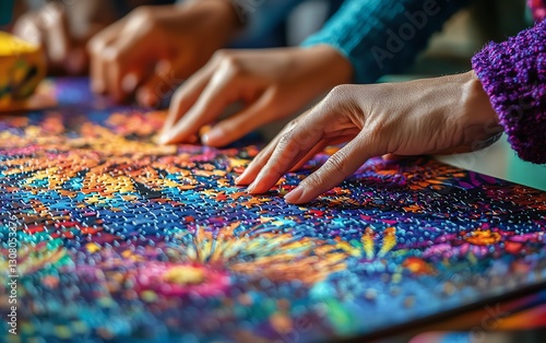 People of diverse backgrounds working on a colorful jigsaw puzzle, teamwork and collaboration effort, fun, creative environment, successful group project in progress