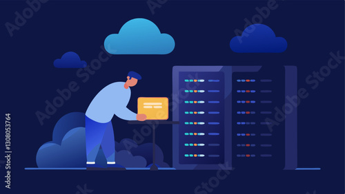 Server Farm Setup An engineer is depicted installing server racks in a modern data center with glowing LED lights representing a cloud infrastructure environment.