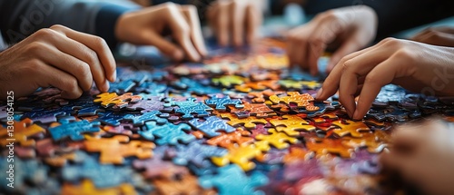 Group of diverse individuals working together on a colorful jigsaw puzzle, teamwork concept, collaboration in action, fun and creative project atmosphere, group success