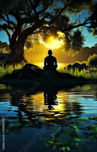 Silhouette of a man sitting beside a small pond tree and enjoying sunset while his shadow and sunlight reflects in water, boy sitting in lotus yoga position in golden hour surreal view generative AI  