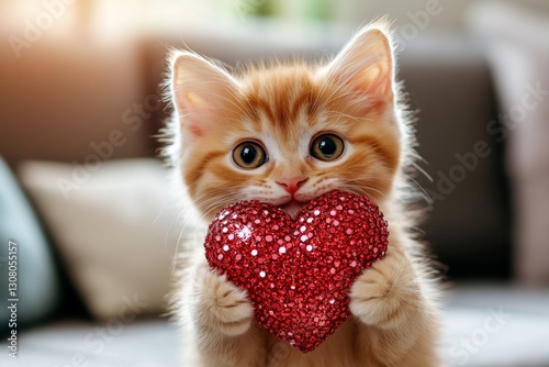 Commercial animal idea. Laperm - my preferred cat, symbol of care. Cute laperm feline infant with sparkling rhinestones red heart at cozy domicile. Kitten and roses. Kitten in love. photo