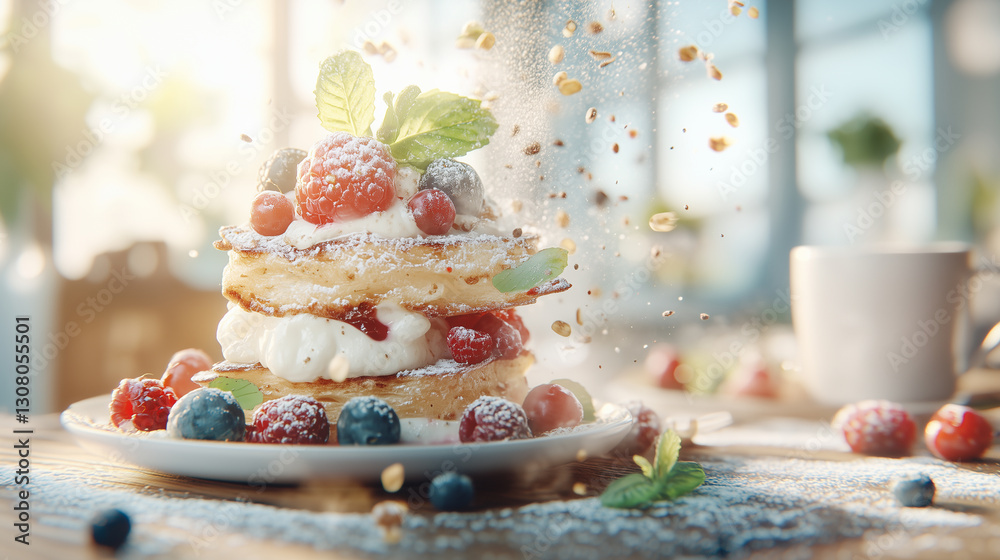 Obraz premium Close up french toast with berries, shot of shallow depth of field, with dusting flour that spreads and volumetric effects bokeh background.