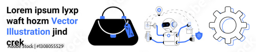 Elegant handbag with tags, robot technology engaging with devices, and gear symbol representing process. Ideal for retail, technology, innovation, automation, shopping, process flat landing page