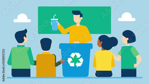 Recycling Workshop An illustration of a workshop setting where the consultant is teaching a group of employees how to properly recycle materials complete with visual aids.
