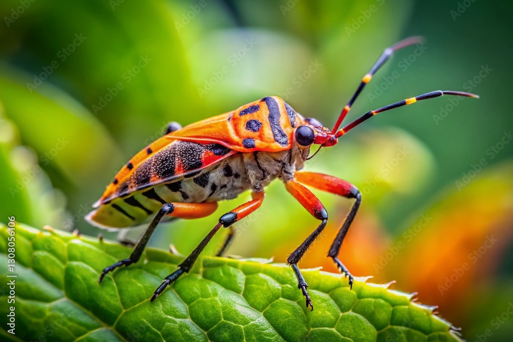 Close-up of a Corizus hyoscyami (Squash Bug) on a green leaf, copy space to the left. Close-up of a Corizus hyoscyami (Squash Bug) on a green leaf, copy space to the left.