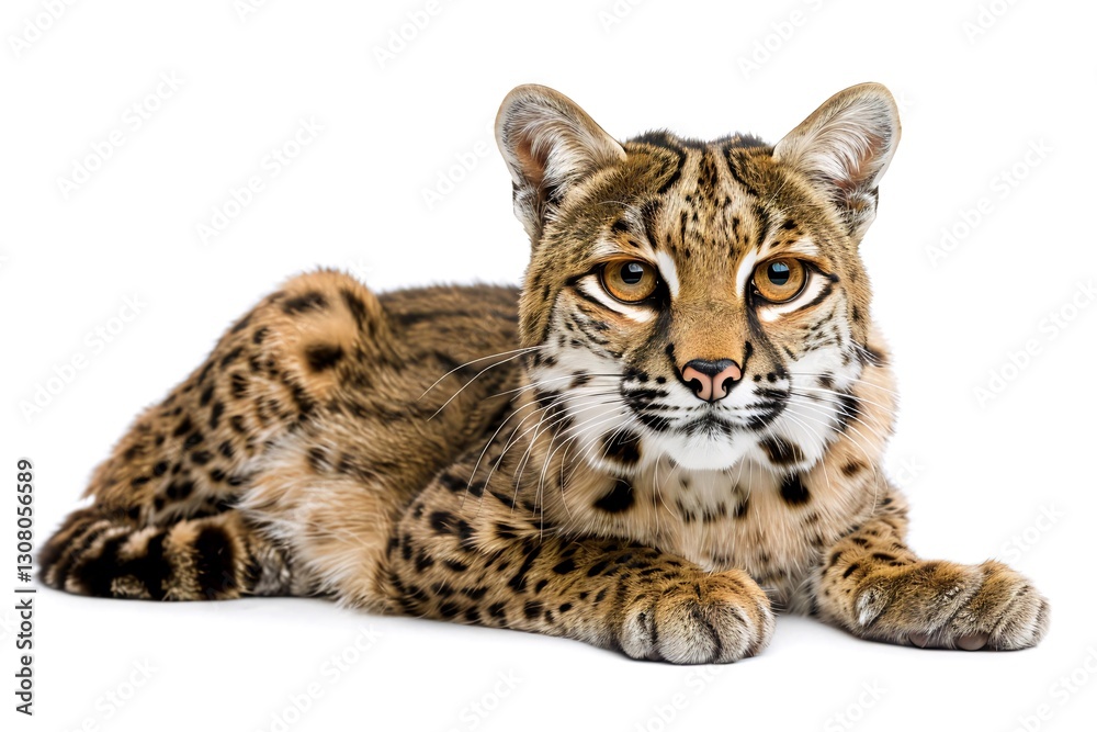 Ocelot resting, white background, wildlife portrait, nature photography, ideal for wildlife publications Ocelot resting, white background, wildlife portrait, nature photography, ideal for wildlife publications
