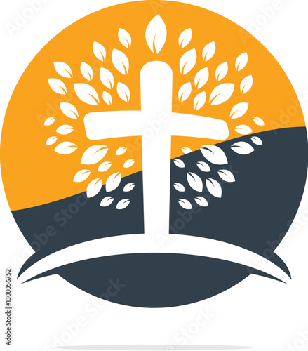 Tree religious cross symbol icon vector design. Prayer tree vector logo design template.