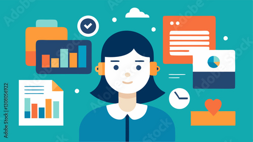 Office Tools A closeup illustration showcasing a virtual assistant using productivity tools like spreadsheets presentation software and a graphic design program simultaneously.