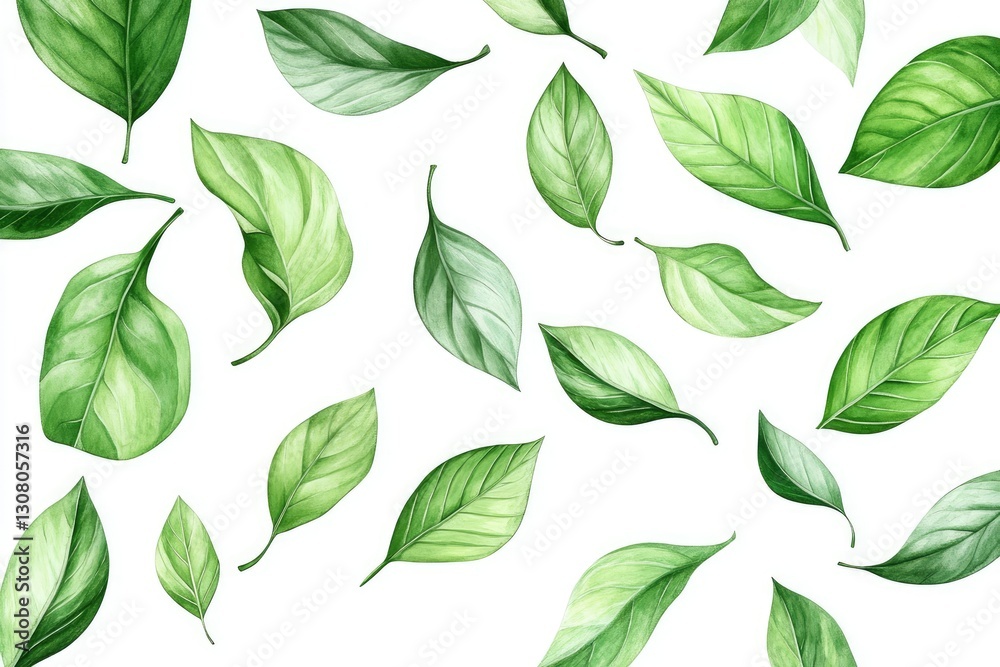 Ultra Quality Image of Set of Green Leaves,Isolated on White Background, High Detail, 8K Ultra Quality Image of Set of Green Leaves,Isolated on White Background, High Detail, 8K