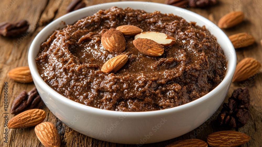 Chocolate almond spread in bowl, pecans, wooden background, healthy recipe Chocolate almond spread in bowl, pecans, wooden background, healthy recipe