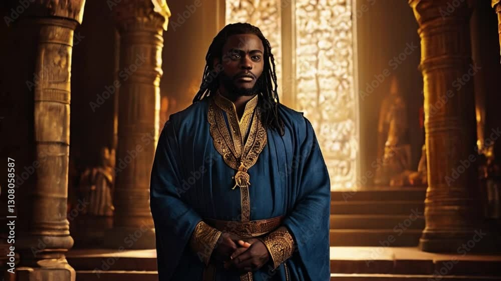 Young black male with long curly hair in Royal dress standing inside ancient golden temple, church or Palace castle and sunlight coming through the window in the back generative AI
