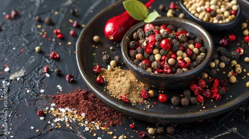 Fototapeta Naklejka Na Ścianę i Meble -  Black Peppercorns: The dried fruit of the pepper plant, ground into a spice that delivers a spicy, bold flavor, perfect for adding depth to any savory dish.
