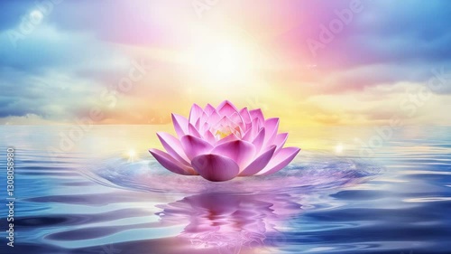 Lotus flower blooming on calm water at sunset. Serene nature scene with pink lotus and colorful sky. Zen meditation and relaxation concept video.
