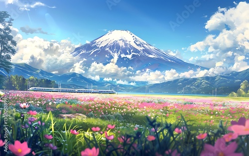 Photo of Mount Fuji with a Shinkansen train and a field full of pink flowers in the foreground, against a blue sky on a sunny summer day, in high resolution