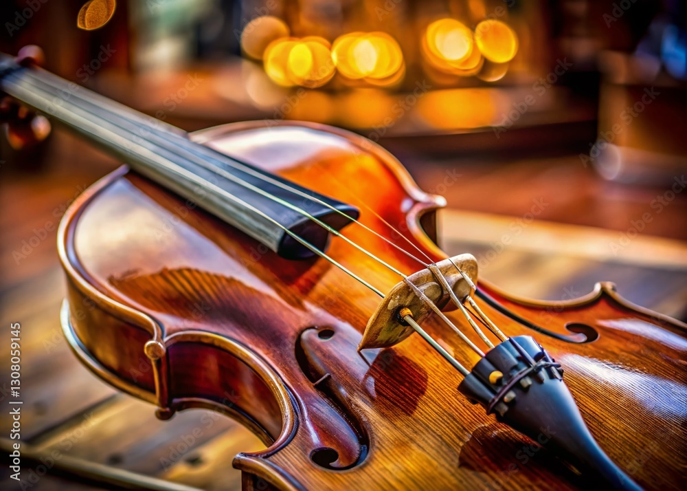 Fototapeta premium Close-up of Violin Head and Bow: Exquisite Detail in Candid Photography