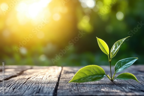 Fresh Green Leaves Growing on Wooden Surface with Soft Light
