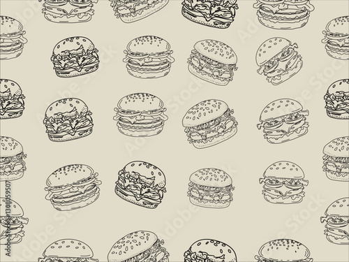 	
doodle burger pattern background. doodle fast food burger seamless pattern background. seamless pattern of hamburger in doodle style. Seamless Pattern of a Cheese Burger or Hamburger