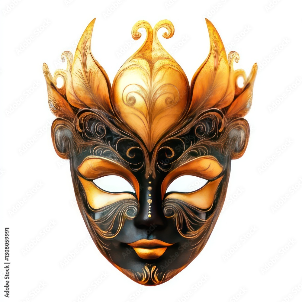 Naklejka premium A beautifully hand-painted festival mask with swirling golden patterns, isolated on white background