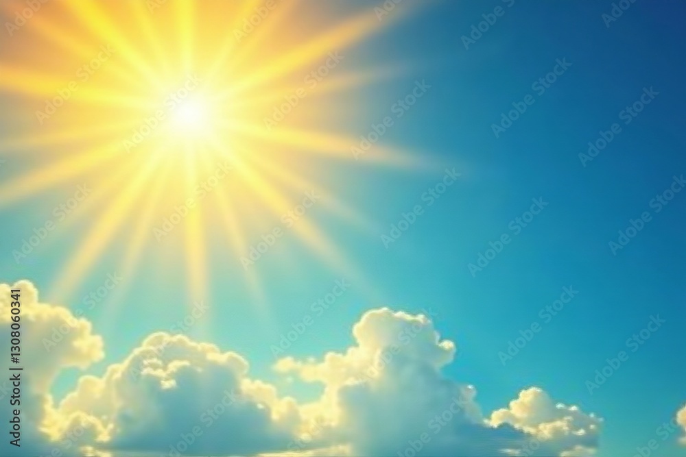 Bright sunny sky with yellow and blue rays bursting, serenity, sunshine Bright sunny sky with yellow and blue rays bursting, serenity, sunshine