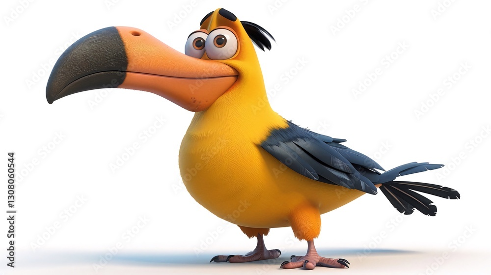 Obraz premium Cheerful cartoon toucan, tropical bird, white background, animation