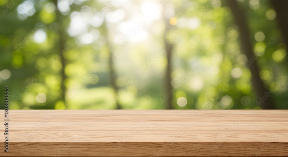 In a green forest, a wooden table stands, surrounded by tall trees blurred background. High quality photo, Wood table top on blur beautiful nature garden and green leaf tree background. In a green forest, a wooden table stands, surrounded by tall trees blurred background. High quality photo, Wood table top on blur beautiful nature garden and green leaf tree background.