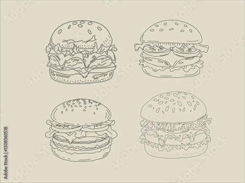 Hand drawn burger. doodle burger. doodle fast food burger. hamburger in doodle style. Cheese Burger or Hamburger with doodle style.	fast food illustration.
