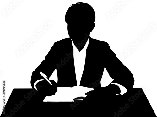机で勉強している男性のシルエット