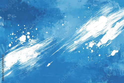Abstract grunge brush stroke background with splashes of white on a blue surface