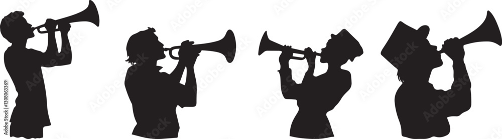 Silhouette set of a person blowing a horn for Saint Patricks Day vector silhouette Silhouette set of a person blowing a horn for Saint Patricks Day vector silhouette
