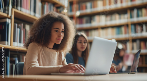 College student mentoring a peer in research and learning, using an educational app on a laptop in the library. Collaborative study session focused on sharing ideas and academic success
