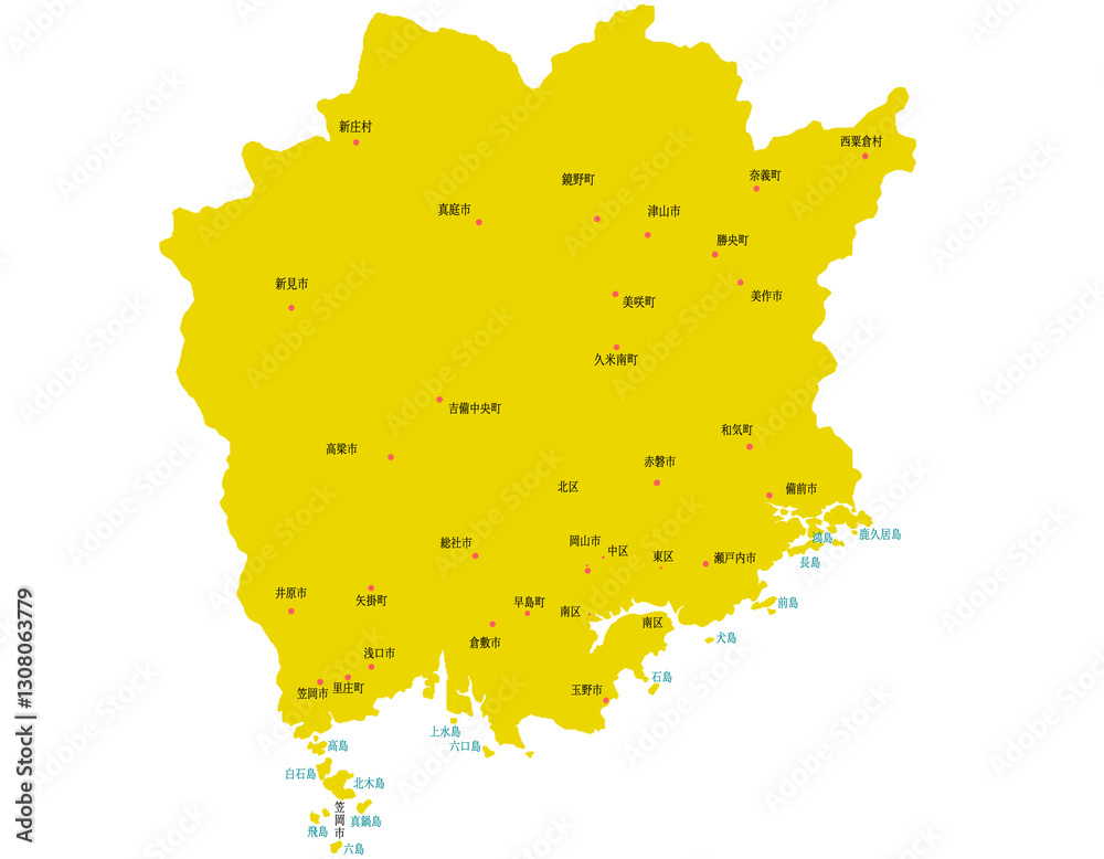 Obraz premium 岡山県 地図 黄色 斑点 イラスト