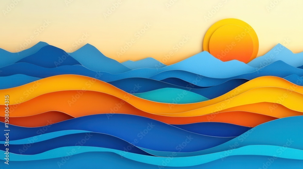 Vibrant layered paper art showcasing landscapes with waves and mountains under a warm sun for a travel inspired vision Generative AI Vibrant layered paper art showcasing landscapes with waves and mountains under a warm sun for a travel inspired vision Generative AI