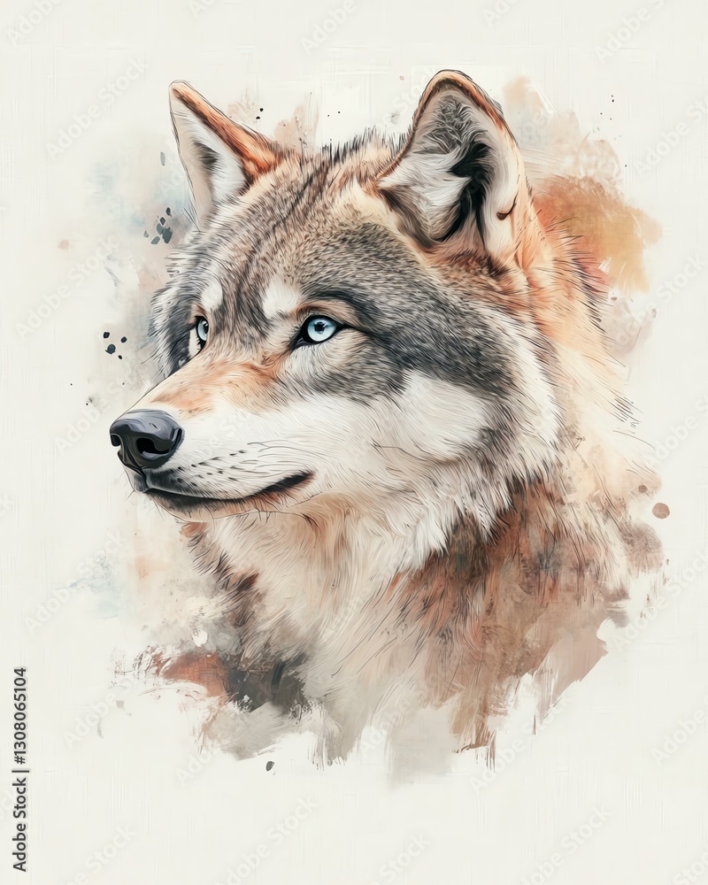 Fototapeta premium ็High quality print design, Artistic watercolor wolf portrait with blue eyes.