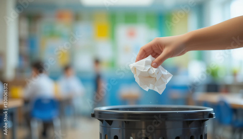 A child's hand throwing a crumpled paper into a trash can, bright and natural lighting, bokeh background in a school environment. Promoting cleanliness education