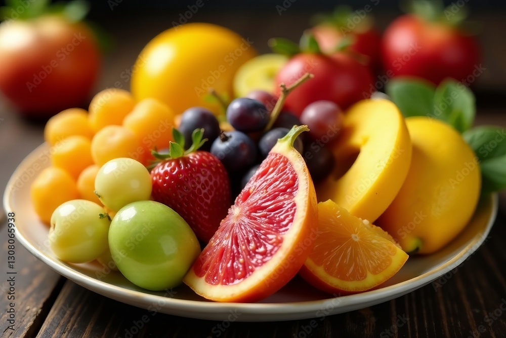 Close-up of a variety of exotic fruits served on a platter, ripe, guava