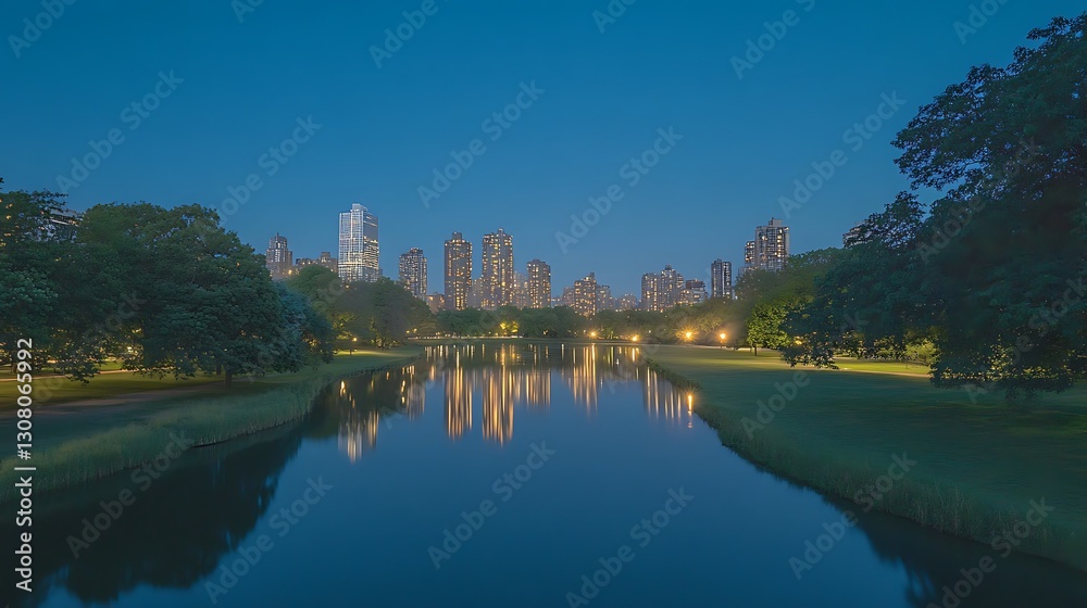 Fototapeta premium Serene cityscape at dusk, reflecting lights on a calm river surrounded by greenery.